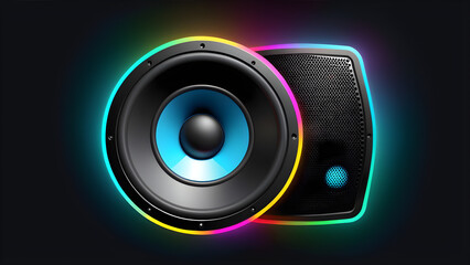 audio speaker icon 3d. The loudspeaker is isolated on a black background. Modern powerful audio speaker. With black copy space - obrazy, fototapety, plakaty