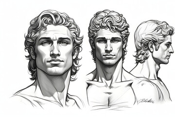 Front view of aesthetics Adonis portraits illustration on white background