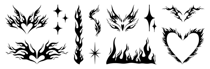 Set of y2k flame elements, star, fire and heart shape. Tattoo art hand drawn stickers. Aesthetic of 90s, 2000s. Vector isolated illustration.