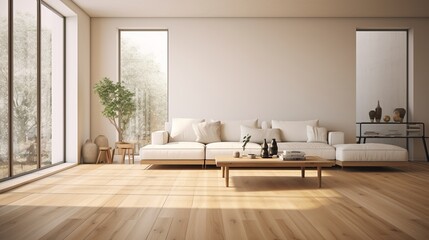 Fototapeta na wymiar Modern minimalist interior: wooden floor, white walls, and elegant glass coffee table