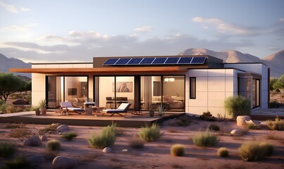 Modern Eco-Friendly Passive House in a New Suburban Desert, Complete with Solar Panels on the Gable Roof, a Driveway, and a Landscaped Yard