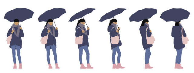Vector concept conceptual silhouette of a woman holding an umbrella from different perspectives isolated on white background. A metaphor for protection, season, nature and urban life