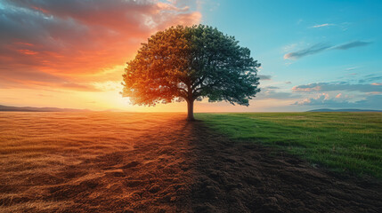 Half dead and alive tree outdoors, Environment change and ecology global warming concept