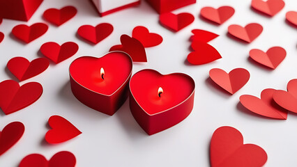 Many red hearts and candles of heart on white background, Valentine`s Day, surprise