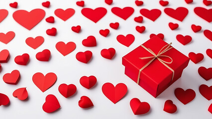 Many red hearts and gift box on white background, Valentine`s Day, surprise