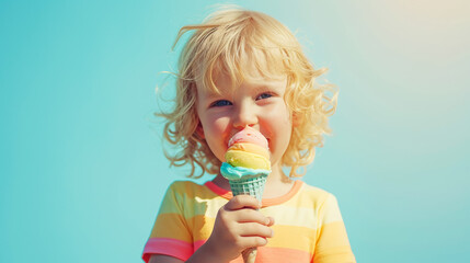 Blonde toddler model eats melting ice cream in candy cone. Pastel blue aesthetic sunny background. Generative AI