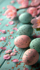 Easter eggs rest upon a serene blue background, symbolizing new beginnings and the joy of spring
