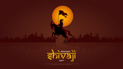 Happy Chhatrapati Shivaji Maharaj Jayanti Banner Design. Shivaji Jayanti Celebration Background and Poster with Text and Maratha Flag Vector Illustration - obrazy, fototapety, plakaty