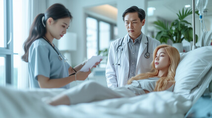 Fototapeta premium Healthcare Team at Work: Doctor Talking to Patient with Nurse Smiling in Medical Office