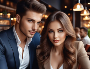 Close up portrait of a young couple having a date at a cafe and drinking coffee. A guy and a girl are sitting at a coffee shop and look at the camera.