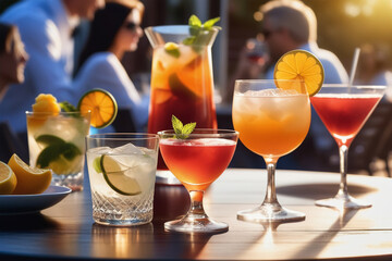 Fototapeta premium Summer cocktails with fruit and ice. Group of people drinking cocktails at a summer bar. Cocktail party with friends. Enjoying weekend.