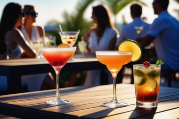Summer cocktails with fruit and ice. Group of people drinking cocktails at a summer bar. Cocktail party with friends. Enjoying weekend.