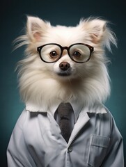 dog student scientist or doctor, wearing a white gown, standing. science and study. portrait one person