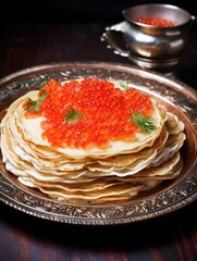 a large mountain of red caviar lies on a stack of ruddy wheat pancakes. Russian pancakes and Maslenitsa