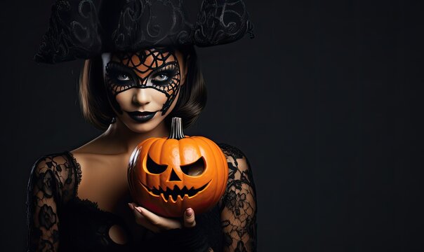 A woman in lingerie holding a carved pumpkin