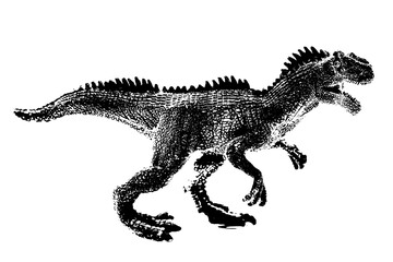 black dinosaur silhouette isolated on white background, model of giganotosaurus toy