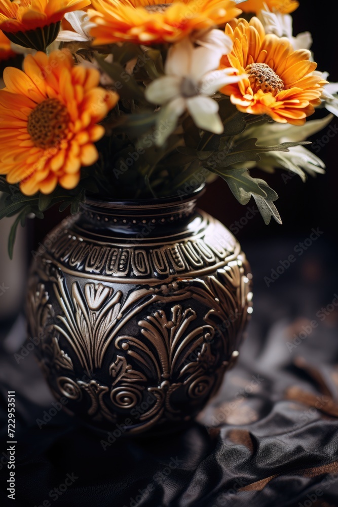 Poster a vase filled with beautiful orange and white flowers. perfect for adding a touch of color and elega