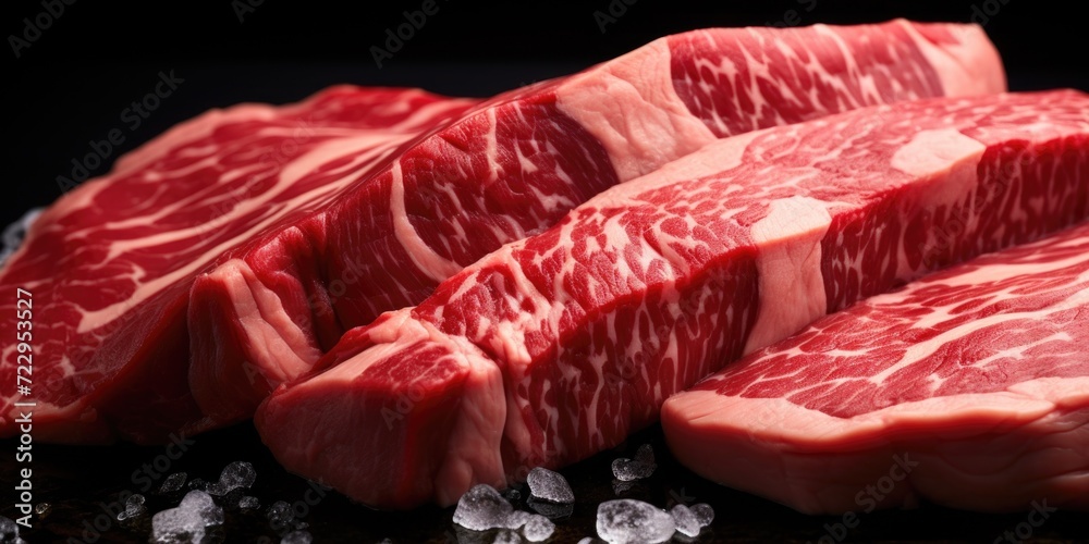 Poster a bunch of raw meat sitting on top of a table. suitable for food preparation and cooking concepts