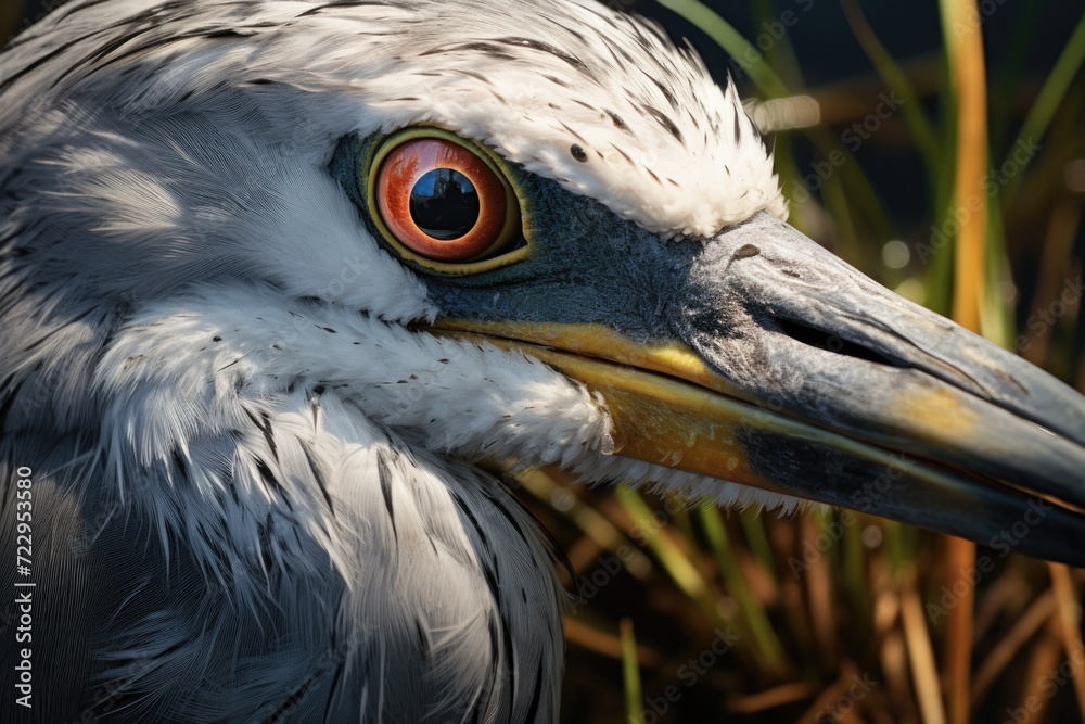 Poster a close-up view of a bird with striking red eyes. this image can be used to depict the beauty and in