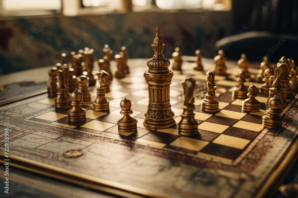 Poster A detailed view of a chess board with various pieces. Suitable for illustrating strategy, intelligence, and the game of chess.