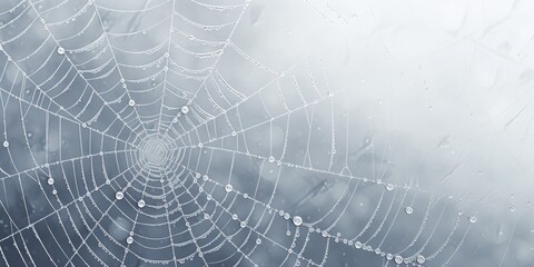 A spider web glistening with water droplets, capturing the beauty of nature's intricate design. Perfect for nature-themed projects or designs that require a touch of elegance