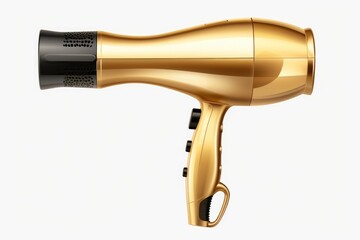 A stylish gold blow dryer on a clean white background. Perfect for beauty and hair care themes