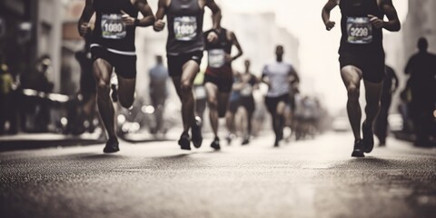 A group of individuals sprinting down a street. This image can be used to depict fitness, teamwork, or a race.