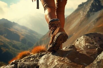 A person standing on top of a rock on a mountain. Perfect for outdoor adventure and hiking themes - Powered by Adobe