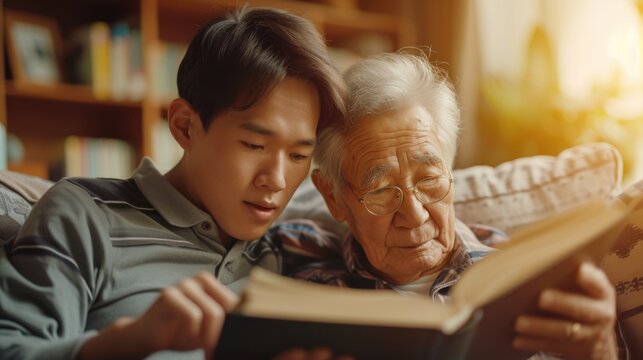 happy grandfather is reading with member in his warm family. take care of elders concept picture.