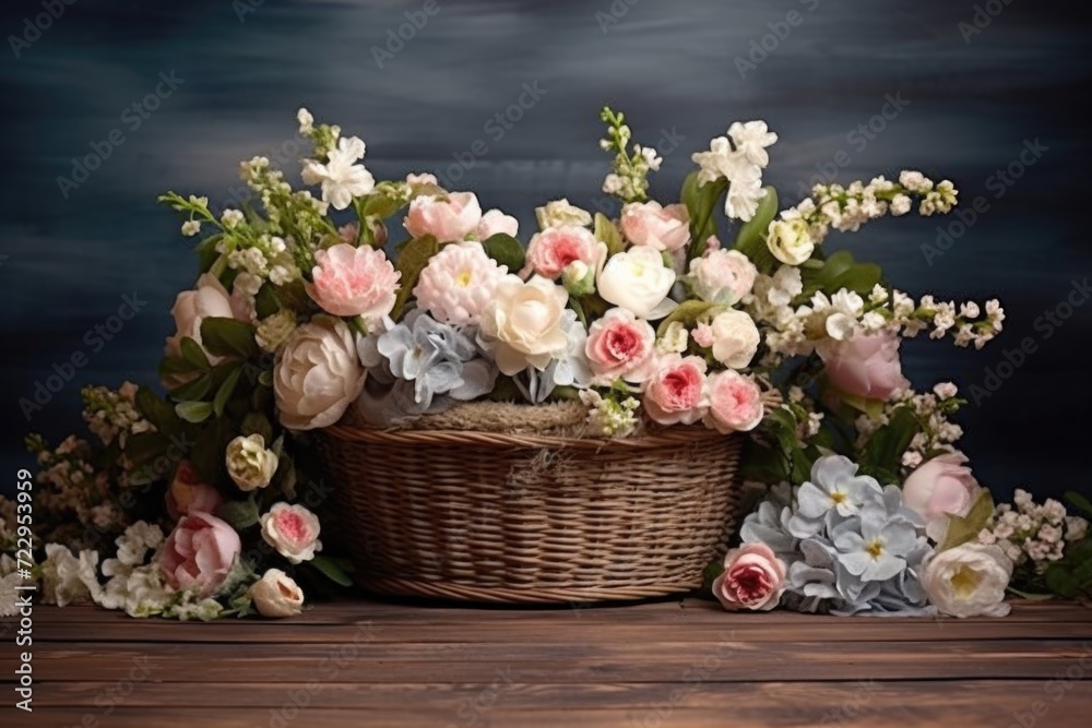 Aufkleber A basket filled with lots of flowers placed on top of a wooden table. This versatile image can be used to add a touch of nature and beauty to various projects