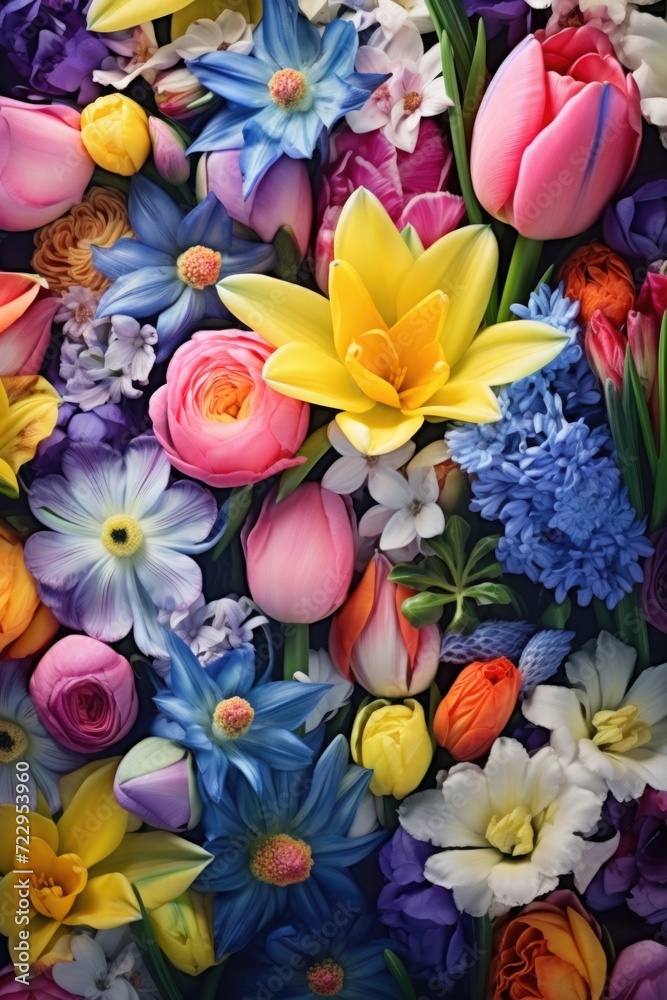 Poster A close up view of a vibrant bunch of flowers. This image can be used to add a pop of color and beauty to any project