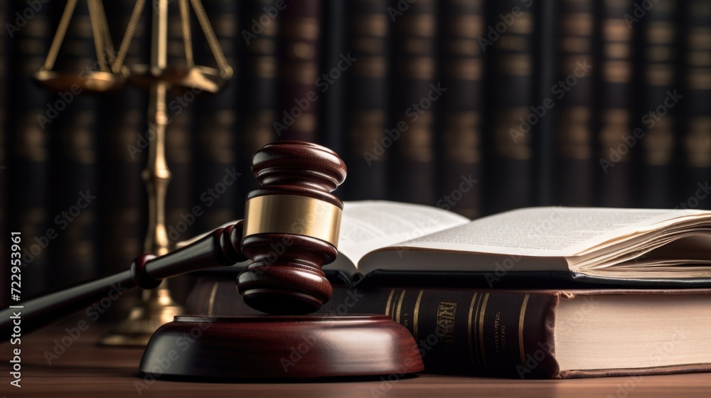 Poster a judge's gavel sitting next to a stack of books. perfect for legal or educational concepts