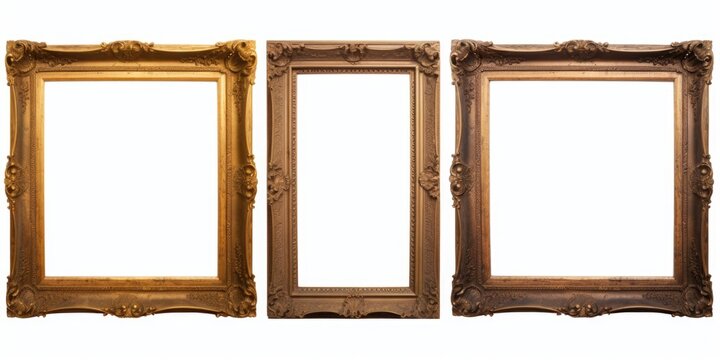 Three gold picture frames on a white background. Perfect for showcasing your favorite photos or artwork