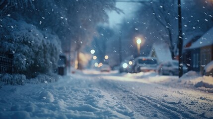A snowy street at night with cars parked on the side of the road. Perfect for winter-themed designs and illustrations