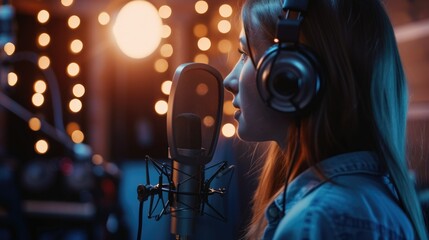 Woman record music album at sound studio. Pretty girl sing song microphone. Professional artist. Voice acting or podcasting concept. Talented podcaster. Radio on air. Live broadcasting. Neon light. - obrazy, fototapety, plakaty