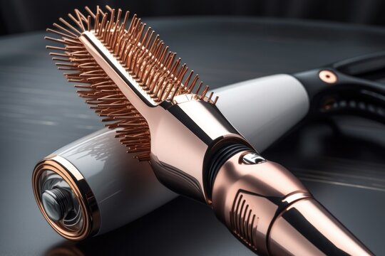 Hair dryer and brush placed on a table. Suitable for beauty and hair care related projects