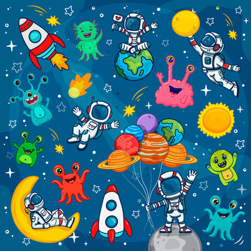 Space for children. Cartoon astronauts in the galaxy. Set of cosmic elements. Colorful Space Background with cosmonauts, planets, stars, aliens and monsters. 
