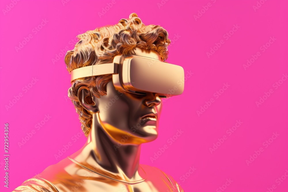Poster a golden statue wearing virtual glasses. suitable for technology and innovation concepts