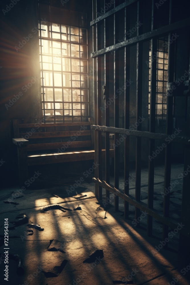 Poster a jail cell with sunlight streaming through the window. suitable for crime, imprisonment, and justic