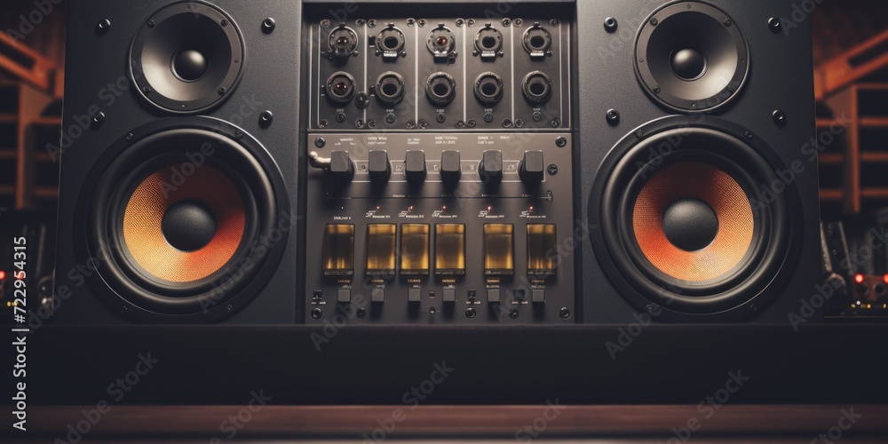 Poster a detailed close-up of a large speaker on a table. ideal for illustrating sound systems or music equ