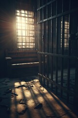 A jail cell with sunlight streaming through the window. Suitable for crime, imprisonment, and justice concepts