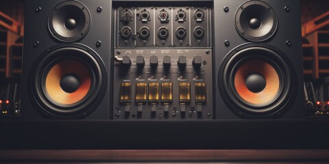 Fototapeta premium A detailed close-up of a large speaker on a table. Ideal for illustrating sound systems or music equipment.