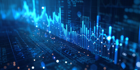 A digital background with graphs, stocks, analysis. Dark blue background with light blue elements. 
