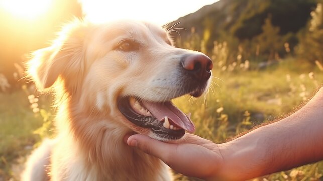 A person is seen petting a dog in a beautiful field. This image can be used to depict the bond between humans and their pets.
