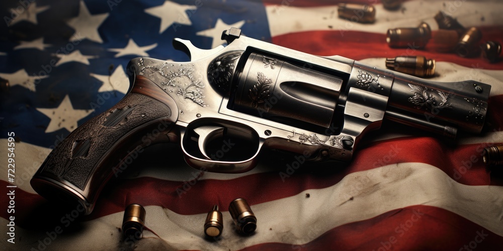 Poster a powerful image depicting a revolver placed on top of a flag, surrounded by bullet shells. this imp