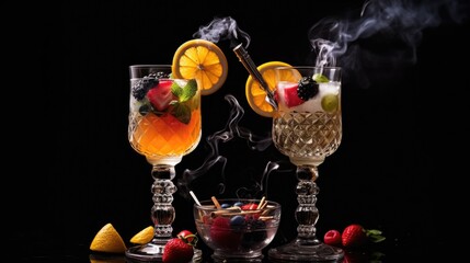 Glasses filled with a refreshing combination of liquid and fruit. Perfect for summer parties or tropical-themed events