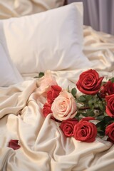 A beautiful arrangement of red and white roses on a bed. Perfect for romantic occasions or floral decoration