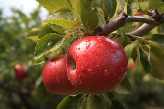 A close-up view of a ripe red apple hanging on a tree. This image can be used to depict freshness, healthy eating, or the beauty of nature