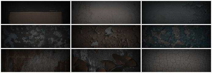 Set of dark panoramic background textures. Collection of wide textures with peeling paint, cracks, rust, scratches, noise and grain. Rough surfaces of old walls. Bundle of backgrounds for design.