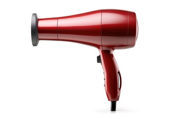 A red blow dryer placed on a clean white surface. Perfect for beauty salons, hair styling tutorials, or product advertisements